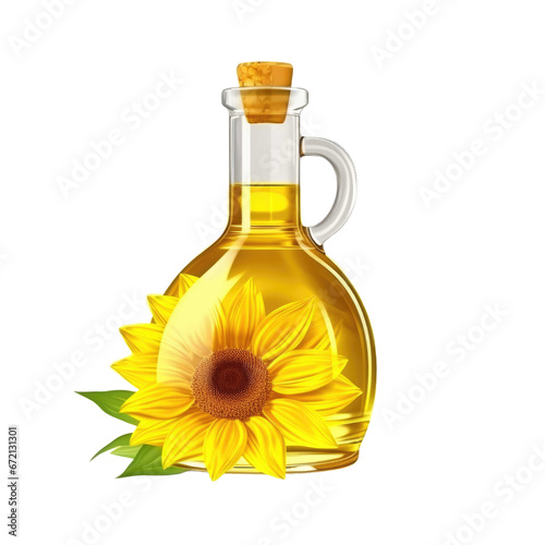 Glass jug of sunflower oil isolated on white or transparent background