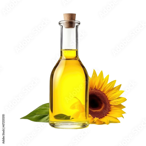 Glass jug of sunflower oil isolated on white or transparent background