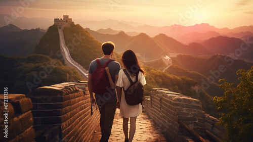 young couple walking along the Chinese wall photo