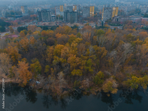 Autumn view from above of the city of Dnipro. River. Right bank. Warm days.