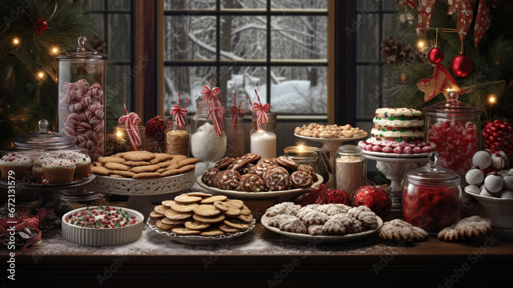 christmas cookies with decorations and sweets on table