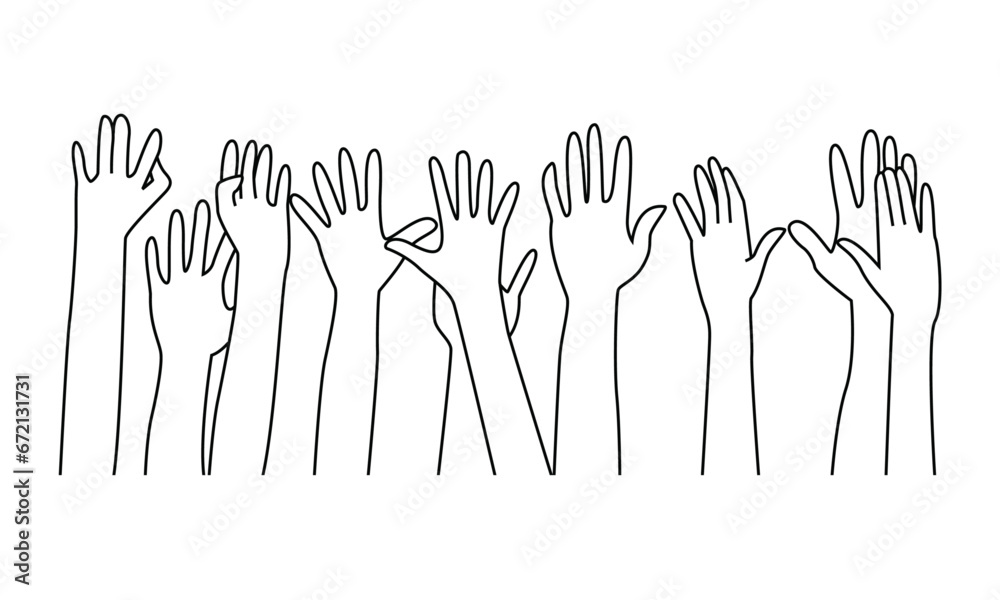 Many hands raised up in the air on white background, Line art vector. Many hands raised up in the air on white background, Line art vector.