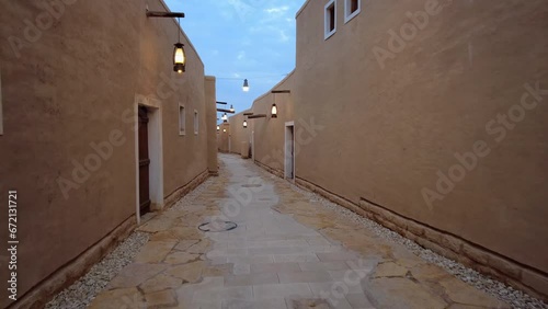 Camera moves ahead in the street of At-Turaif UNESCO World Heritage Site, Ad-Diriyah, Saudi Arabia