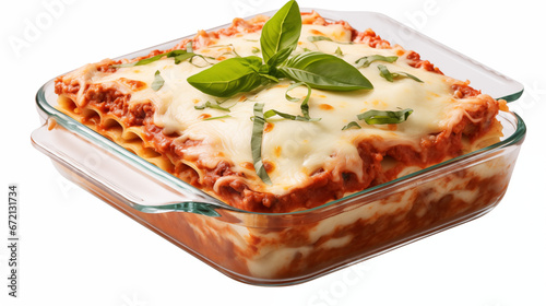 A baking dish containing lasagna, with the choice of either a transparent or white background. Crafted with Generative AI.