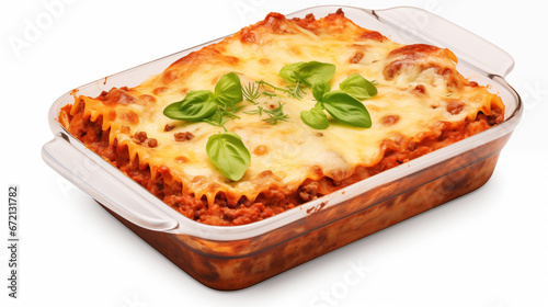 A baking dish with lasagna, presented against a clear or white backdrop. Crafted with Generative AI.