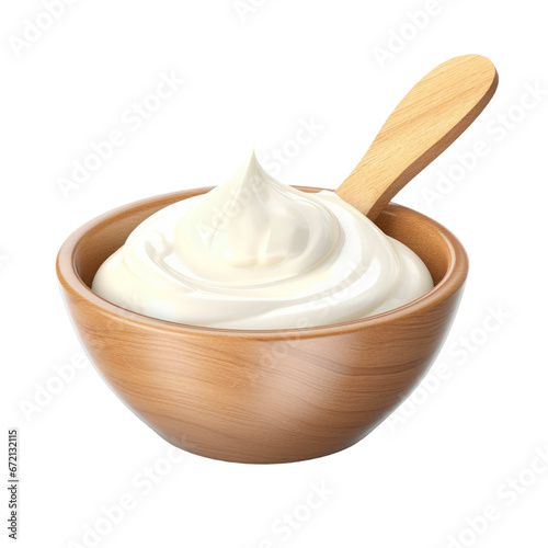  Sour cream in wooden bowl and spoon, mayonnaise, yogurt, isolated on transparent or white background