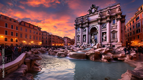 The iconic Trevin Fountain at dusk Rome Italy