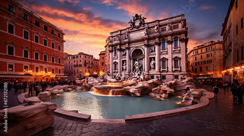 The iconic Trevin Fountain at dusk Rome Italy