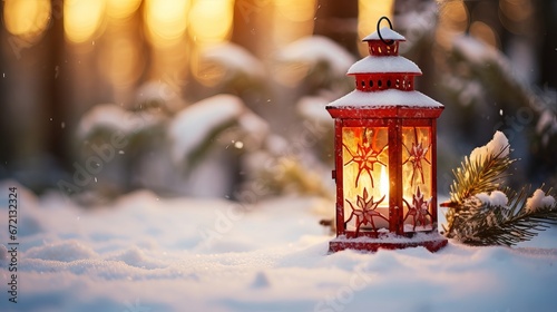 Festive Christmas lantern with snowy fir branch and sun rays with copy space. Cozy winter holiday decoration. © Ameer