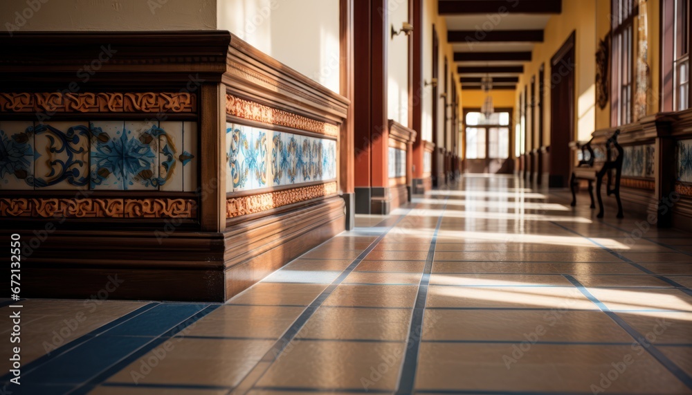 Photo of a Majestic Hallway with Beautifully Tiled Floors and Sunlit Windows Photo of a Majestic Hallway with Beautifully Tiled Floors and Sunlit Windows