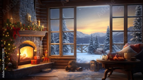 Cozy and festive Christmas scene with glowing tree  fireplace  and presents in a dark room