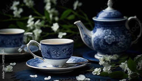 Photo of a Beautiful Blue and White Tea Set on a Table