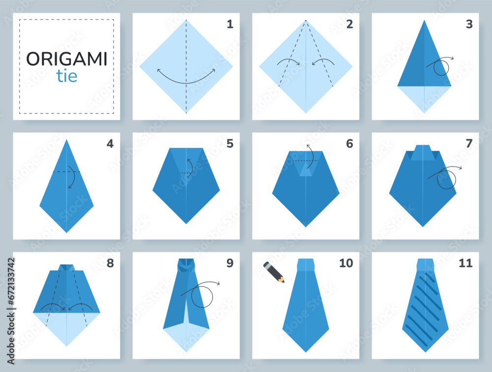 Tie origami scheme tutorial moving model. Origami for kids. Step by step how to make a cute origami necktie. Vector illustration. Tie origami scheme tutorial moving model. Origami for kids. Step by step how to make a cute origami necktie. Vector illustration.