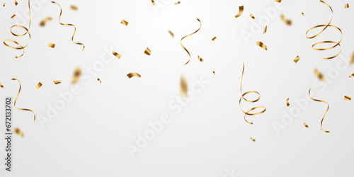 Golden confetti and zigzag ribbon falling from above streamer, tinsel vector