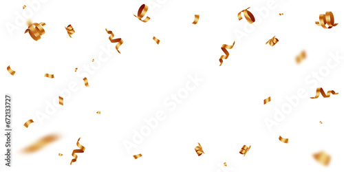 Golden confetti and zigzag ribbon falling from above streamer, tinsel vector