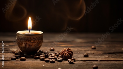 Candle within the shape of ball and coffee on ancient wooden table