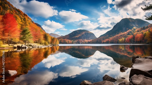 Calm lake and moo flying clouds covering a harsh mountain secured with colorful harvest time foliage