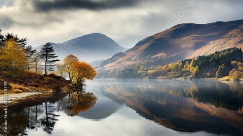 Calm lake and moo flying clouds covering a harsh mountain secured with colorful harvest time foliage photo