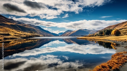 Calm lake and moo flying clouds covering a harsh mountain secured with colorful harvest time foliage photo