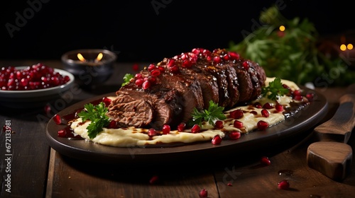 Blended fricasseed meat with pomegranate and sauce photo