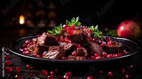 Blended fricasseed meat with pomegranate and sauce photo