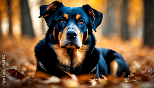 black and tan dog peacefully resting on the ground, with closed eyes, and surrounded by fallen leaves.