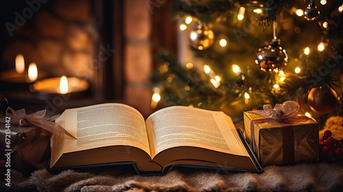 Beat see of unwinding couple secured by a delicate and cozy cover at domestic perusing a book together beneath the chimney with candles, presents and brightened tree. Winter occasion and