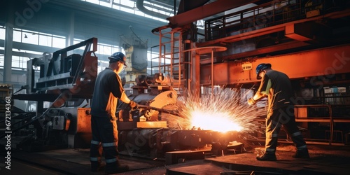 Heavy industry and steel production for all types of construction and mechanical engineering. Team of workers against the background of a blast furnace and the casting of molten metal. photo