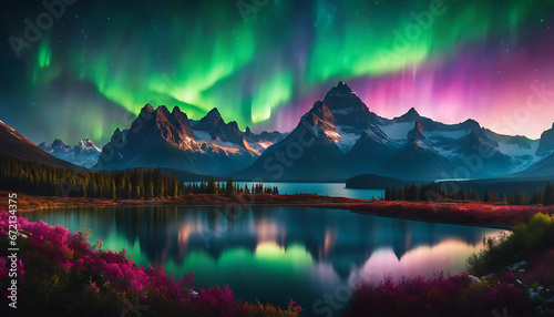 majestic mountain stands tall amidst a vibrant aurora, creating a mesmerizing cosmic landscape. a colorful landscape with mountains and nebulas