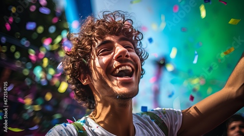 Brazilian Carnival. Youthful man getting a charge out of the carnival party blowing confetti © Elshad
