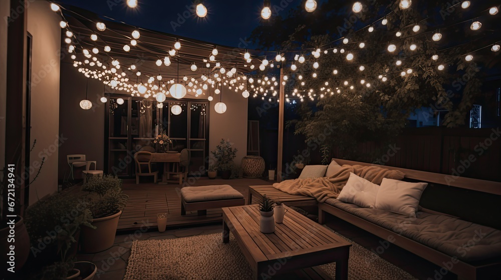 Rooftop warm white string lights, Celebration and inviting ambiance Photography at night