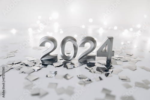 Happy new year 2024 . New year holidays card with confetti and garland lights on white background photo