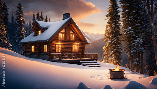 cozy wooden cabin nestled in snowy mountains features a fire pit and furnished deck, providing a warm and inviting winter retreat surrounded by nature's beauty photo