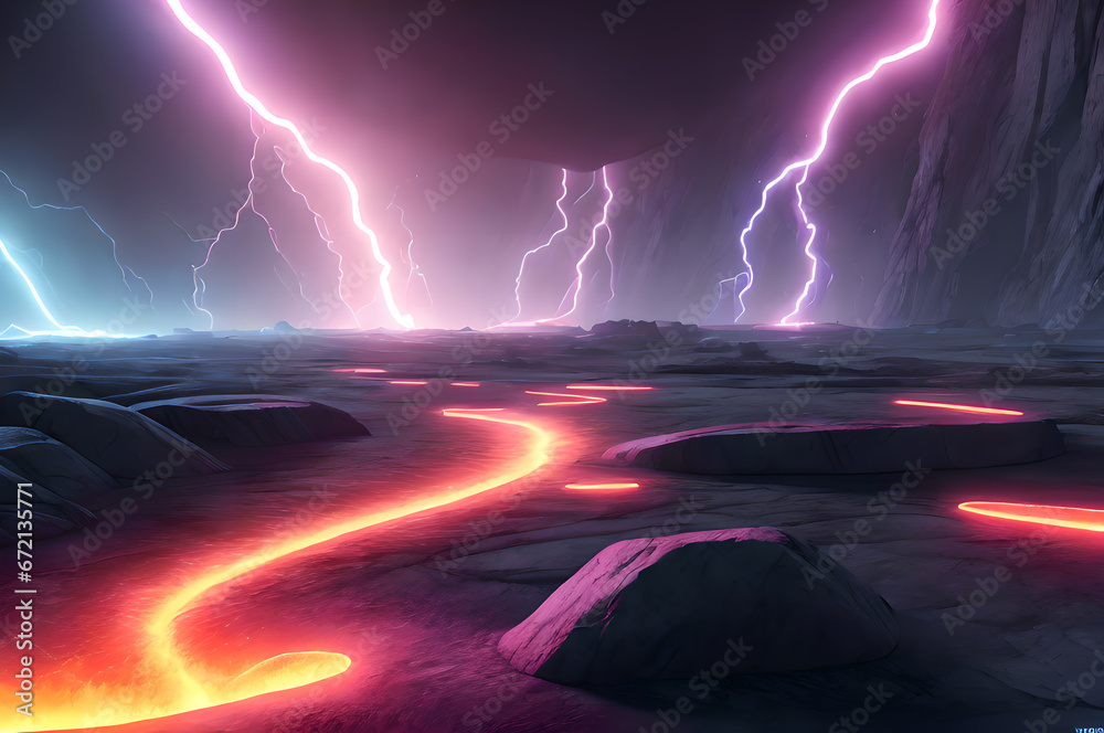 Fantasy technological mountain glowing landscape in neon light, Generative AI Fantasy technological mountain glowing landscape in neon light, Generative AI