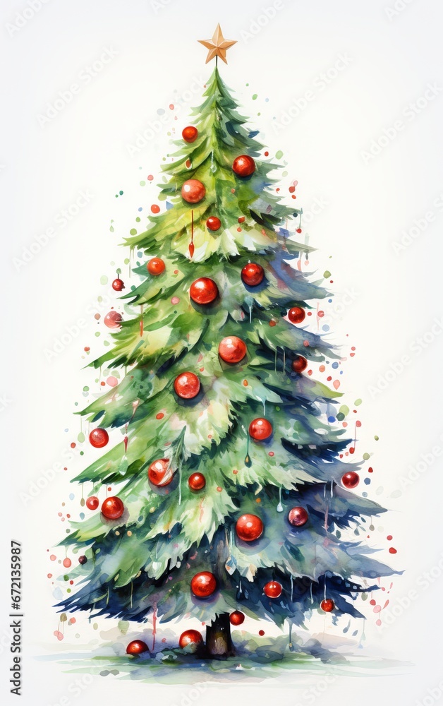Watercolor painting of a festive Christmas tree with colorful ornaments and lights Watercolor painting of a festive Christmas tree with colorful ornaments and lights