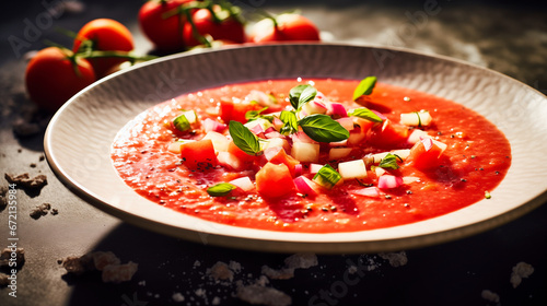 Tomato gazpacho soup with basil, onion and parmesan 