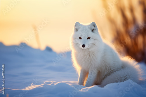 Beautiful white arctic fox sitting on the snow at sunset. © Adrian