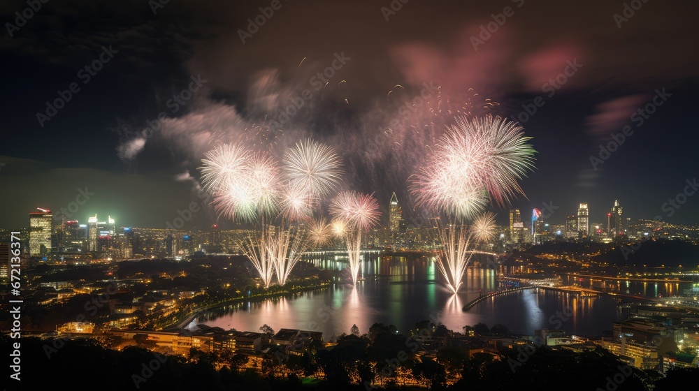 Fireworks display over a city skyline Panoramic photograph, with bursts of light illuminating the buildings and creating a dramatic and celebratory