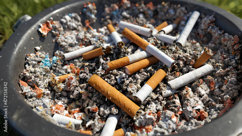 Cigarette butts in the ashtray, lingering odor of smoke. Generative AI.