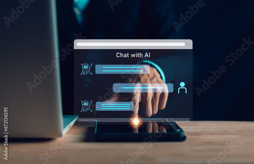 AI Chatbot. Businessman using computer with artificial intelligence with command prompt for generate. Technology links information digital marketing, innovation futuristic, big data.