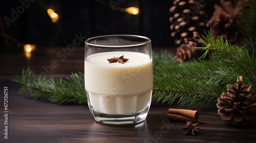 Christmas Hot Drink. Eggnog with Cinnamon in Glass with Branches Fir Tree on Dull Foundation