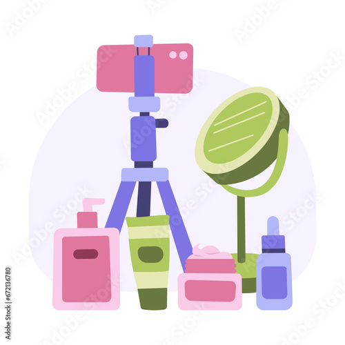Beauty blogging concept. Set of objects for cosmetics review videos and makeup tutorials. Vector cartoon flat illustrations.