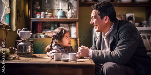 east asian man with his daughter in the kitchen
