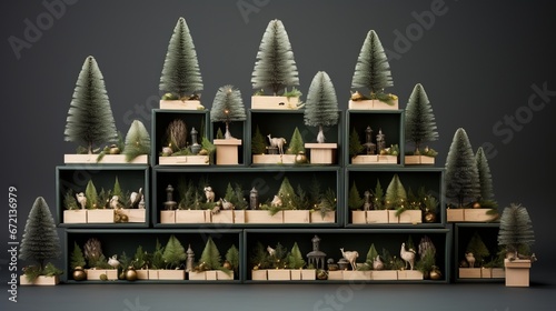 Christmas blessing boxes collection with pine tree for deride up layout plan. See from over
