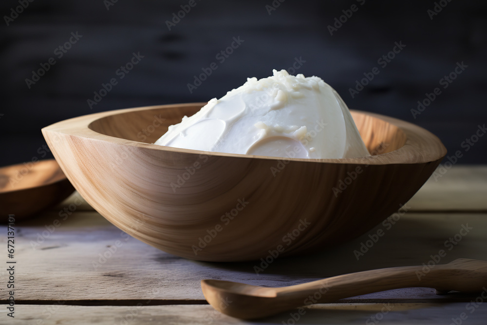 Organic soap foam presented in a wooden bowl, surrounded by fresh flowers, conveying a sense of natural luxury Organic soap foam presented in a wooden bowl, surrounded by fresh flowers, conveying a sense of natural luxury