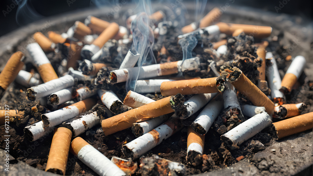 Cigarette butts in an ashtray, Generative AI. - obrazy, fototapety, plakaty 
