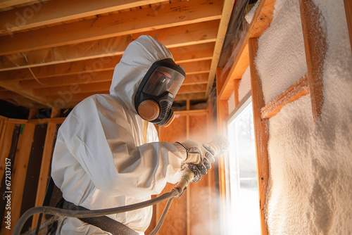 A construction worker applying spray foam insulation between wall studs, making a home more energy-efficient photo