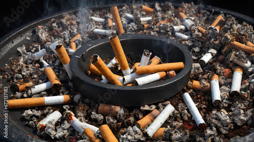 Cigarette butts in an ashtray, Generative AI.