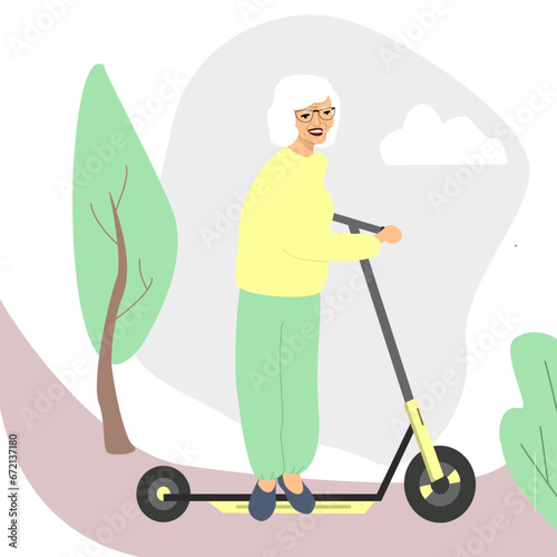 Elderly woman riding an electric scooter. Happy active senior character. Flat vector illustration