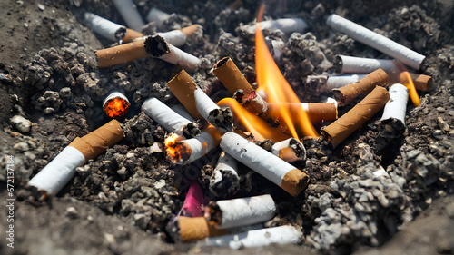 Cigarette butts in an ashtray, Generative AI.